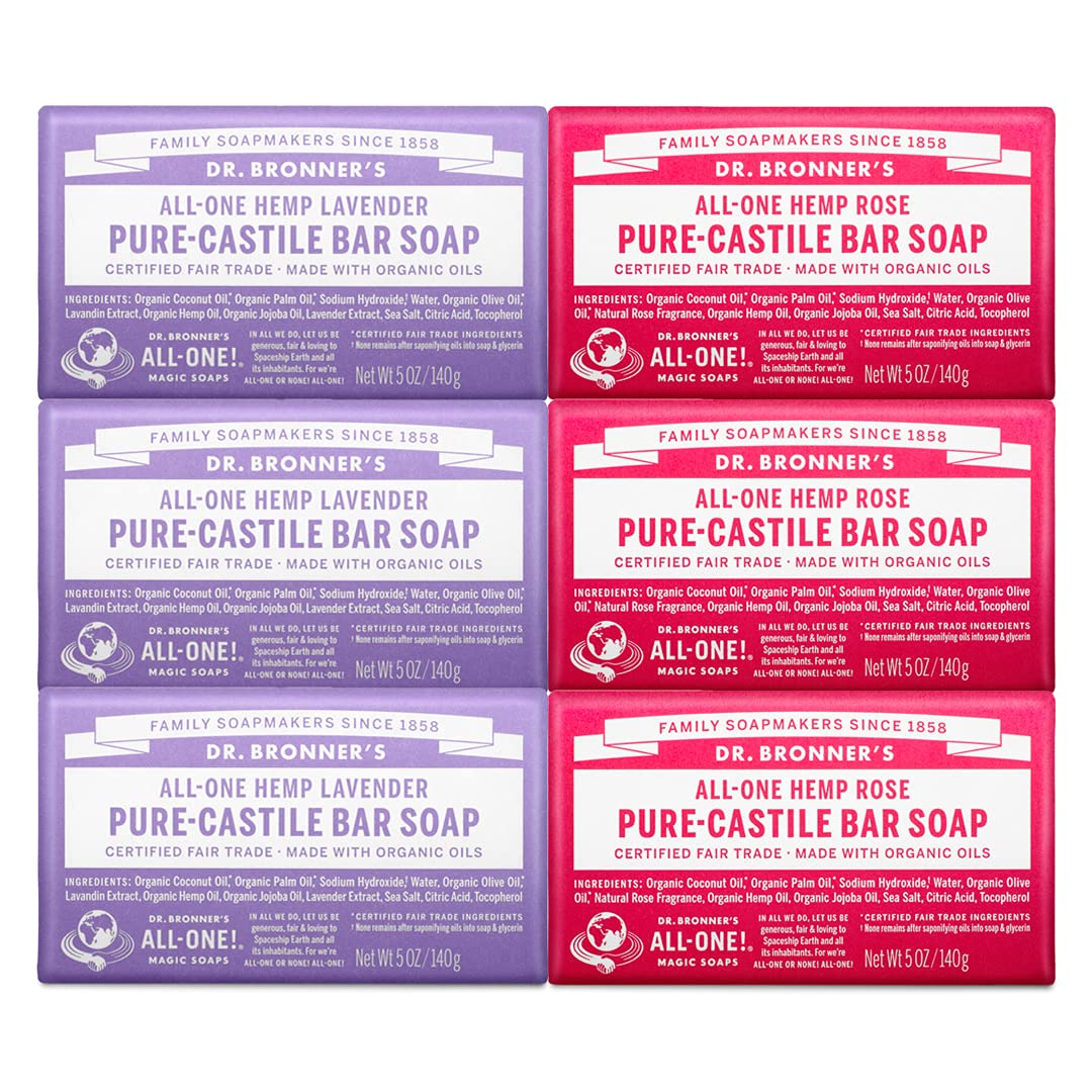 Dr. Bronner’s Pure-Castile Bar Soap Bundle (6 Pack) – Lavender (3-5oz) & Rose (3-5 oz)